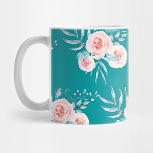 Pink Watercolor Roses in Teal Background Mug